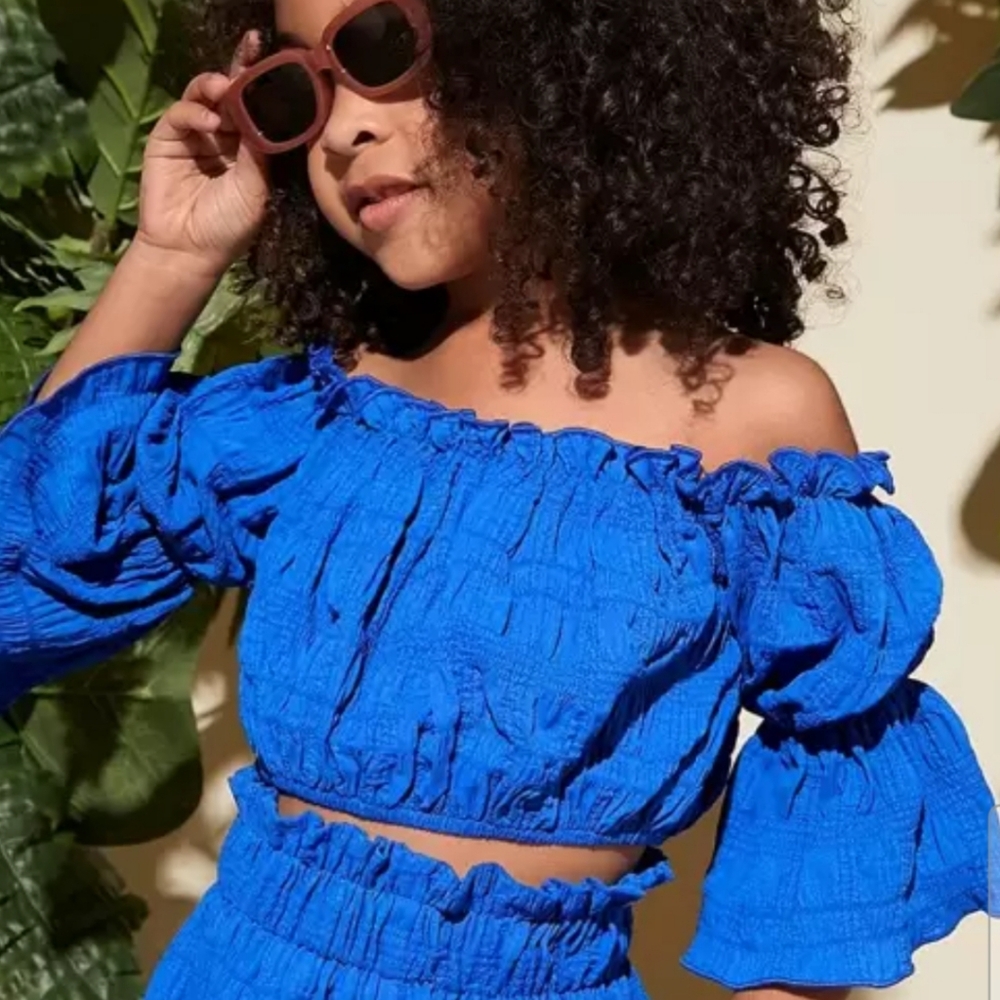 SHEIN Kids Toddler Girl Royal Blue Flounce Puff Sleeve Crop Blouse Sz 5y